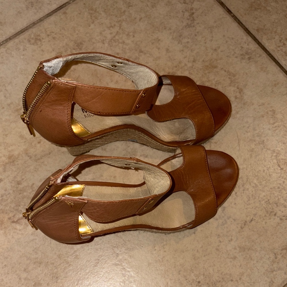 Michael Kors Tan Leather Wedge Sandals